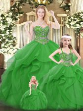 High End Green Sweetheart Lace Up Beading and Ruffles Quinceanera Gown Sleeveless