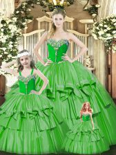 Pretty Green Organza Lace Up Sweetheart Sleeveless Floor Length Ball Gown Prom Dress Beading and Ruffled Layers