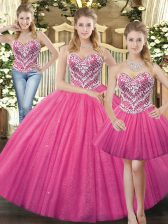  Floor Length Lace Up Sweet 16 Dress Hot Pink for Military Ball and Sweet 16 and Quinceanera with Beading