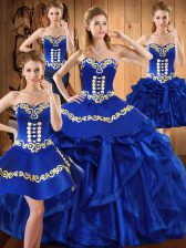  Royal Blue Sweetheart Lace Up Embroidery and Ruffles Quinceanera Dresses Sleeveless