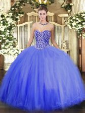  Floor Length Ball Gowns Sleeveless Blue Quinceanera Gown Lace Up