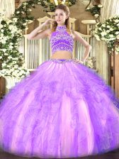 Glorious Floor Length Two Pieces Sleeveless Lavender Vestidos de Quinceanera Backless
