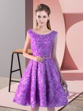 Elegant Lavender A-line Lace Scoop Sleeveless Belt Knee Length Lace Up 