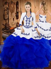 High Class Blue Sleeveless Satin and Organza Lace Up Sweet 16 Dress for Military Ball and Sweet 16 and Quinceanera