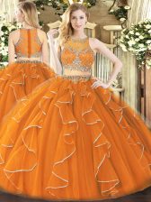  Orange 15 Quinceanera Dress Military Ball and Sweet 16 and Quinceanera with Beading and Ruffles Scoop Sleeveless Zipper