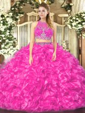Custom Design Sleeveless Organza Floor Length Zipper 15 Quinceanera Dress in Fuchsia with Beading and Ruffles