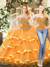  Orange Red Organza Lace Up Sweetheart Sleeveless Floor Length Sweet 16 Quinceanera Dress Beading and Ruffled Layers