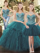 Fine Teal Sleeveless Beading and Ruffles Floor Length Quinceanera Dress