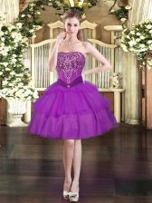 Decent Purple Organza Lace Up Prom Dresses Sleeveless Mini Length Beading and Ruffled Layers