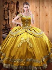 Fantastic Ball Gowns Sweet 16 Quinceanera Dress Gold Off The Shoulder Satin and Organza Sleeveless Floor Length Lace Up