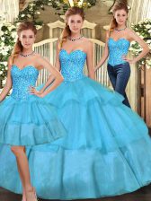  Beading and Ruffled Layers Vestidos de Quinceanera Aqua Blue Lace Up Sleeveless Floor Length