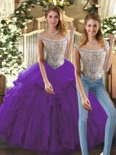 Wonderful Purple Organza Lace Up Quinceanera Gown Sleeveless Floor Length Beading and Ruffles