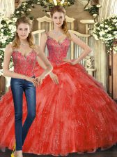 Extravagant Floor Length Two Pieces Sleeveless Red Quinceanera Dresses Lace Up