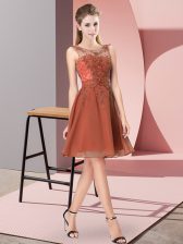 Customized Rust Red Empire Scoop Sleeveless Chiffon Knee Length Zipper Appliques Dama Dress for Quinceanera