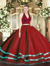 Chic Wine Red Halter Top Neckline Ruffled Layers Quinceanera Gowns Sleeveless Zipper