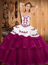  Fuchsia 15 Quinceanera Dress Military Ball and Sweet 16 and Quinceanera with Embroidery and Ruffled Layers Strapless Sleeveless Sweep Train Lace Up