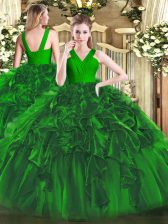 High End Dark Green Organza Zipper Quince Ball Gowns Sleeveless Floor Length Ruffles