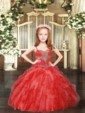  Red Sleeveless Beading and Ruffles Floor Length Little Girl Pageant Dress