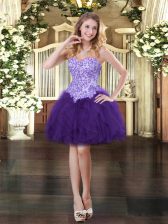 Designer Purple Tulle Lace Up Sweetheart Sleeveless Mini Length Homecoming Dress Appliques and Ruffles