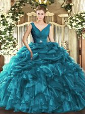 High Quality Teal Sleeveless Organza Backless Quinceanera Dresses for Sweet 16 and Quinceanera