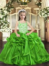 Perfect Organza Straps Sleeveless Lace Up Beading and Ruffles Pageant Gowns in Green