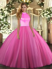 Pretty Rose Pink Sleeveless Floor Length Beading Backless Sweet 16 Dresses