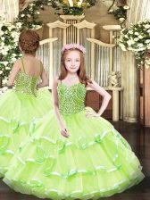  Floor Length Yellow Green Kids Formal Wear Organza Sleeveless Beading and Ruffled Layers