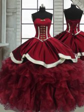 Best Red Ball Gowns Beading and Ruffles Quinceanera Dress Lace Up Organza Sleeveless Floor Length