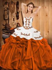  Strapless Sleeveless Quinceanera Gown Floor Length Embroidery and Ruffles Orange Red Satin and Organza