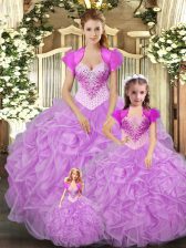  Floor Length Baby Pink 15th Birthday Dress Tulle Sleeveless Beading and Ruffles