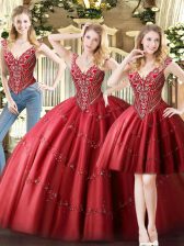  Tulle V-neck Sleeveless Lace Up Beading Quinceanera Gowns in Wine Red