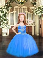 Top Selling Blue Little Girls Pageant Gowns Party and Quinceanera with Beading Spaghetti Straps Sleeveless Lace Up