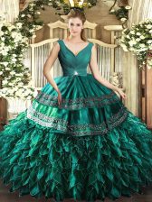  V-neck Sleeveless Quinceanera Dress Floor Length Beading and Ruffles Turquoise Organza