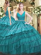 Satin and Organza Sleeveless Floor Length 15 Quinceanera Dress and Embroidery and Ruffled Layers