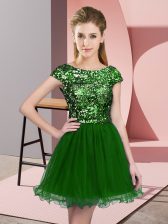  Sequins Quinceanera Court of Honor Dress Green Zipper Cap Sleeves Mini Length
