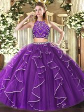 Sexy Floor Length Zipper Sweet 16 Quinceanera Dress Purple for Military Ball and Sweet 16 and Quinceanera with Beading and Ruffles