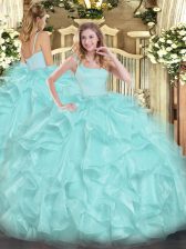 High Class Straps Sleeveless Organza Quince Ball Gowns Beading and Ruffles Zipper