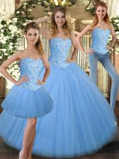  Floor Length Baby Blue Quinceanera Dresses Tulle Sleeveless Beading
