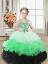 Superior Organza Straps Sleeveless Lace Up Beading and Ruffles Little Girls Pageant Gowns in Multi-color