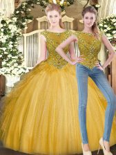 Spectacular Gold Ball Gowns Tulle Scoop Sleeveless Beading and Ruffles Floor Length Zipper Quinceanera Dress