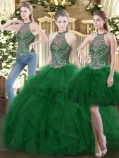  High-neck Sleeveless Organza 15th Birthday Dress Beading and Ruffles Lace Up