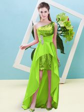 Dazzling Elastic Woven Satin and Sequined Sleeveless High Low Prom Dresses and Beading and Sequins
