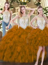  Brown Scoop Neckline Beading and Ruffles Quinceanera Gown Sleeveless Zipper