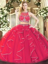 Modest Ruffles Vestidos de Quinceanera Coral Red Zipper Sleeveless Floor Length