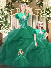 Colorful Turquoise Ball Gowns Sweetheart Sleeveless Organza Floor Length Lace Up Beading and Ruffles Sweet 16 Dress