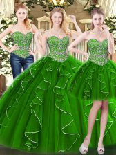  Floor Length Ball Gowns Sleeveless Green Quince Ball Gowns Lace Up