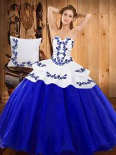  Floor Length Royal Blue Quince Ball Gowns Strapless Sleeveless Lace Up