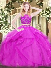 High End Fuchsia Zipper Scoop Beading and Ruffles Sweet 16 Dresses Tulle Sleeveless