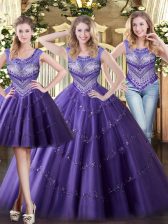 Fashion Beading Quinceanera Gown Purple Lace Up Sleeveless Floor Length