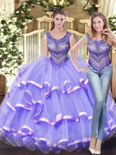 Noble Ball Gowns Quinceanera Dress Lavender Scoop Tulle Sleeveless Floor Length Lace Up